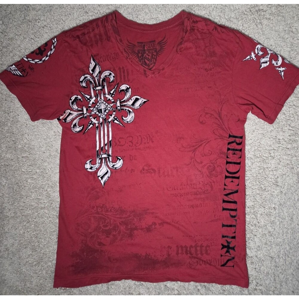 Raw State Premium Redemption T-Shirt Men’s Large Graphic Red Gothic Cross Wings